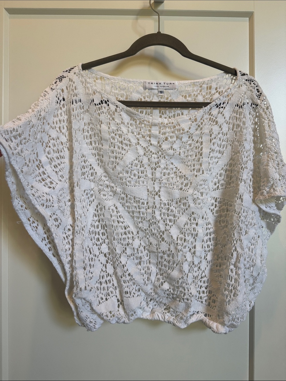 Trina Turk White Crochet Short-Sleeve Boxy Top
